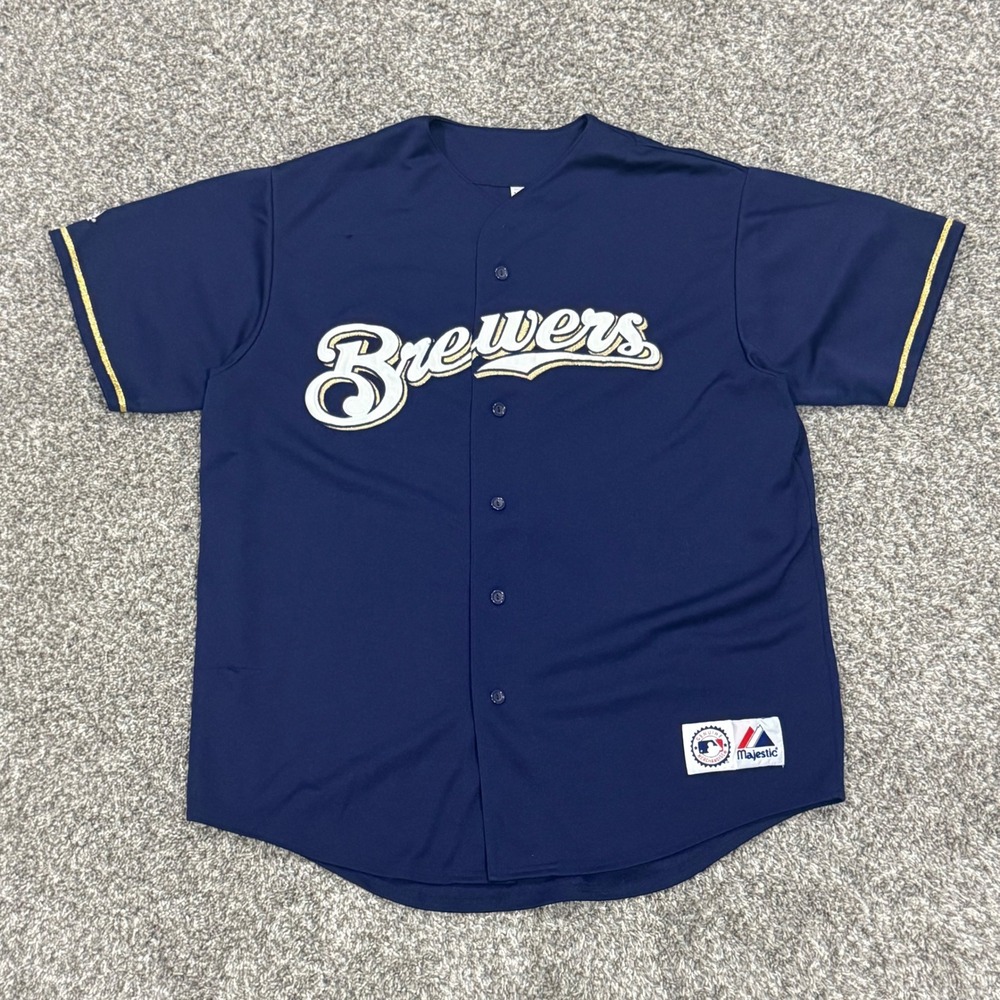 Y2K Majestic Milwaukee Brewers JJ Hardy #7 Baseball Jersey Mens XL Navy Blue MLB